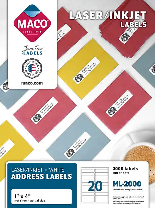 LABELS: MAILING, 20 PER SHEET WHITE  - 100 SHEETS