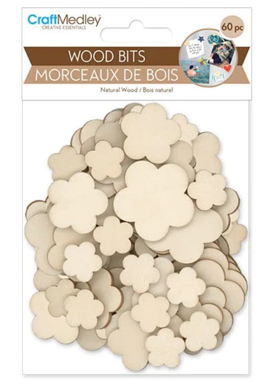 CRAFT WOOD BITS - FLOWER,  ASSORTED SIZES 60 PACK