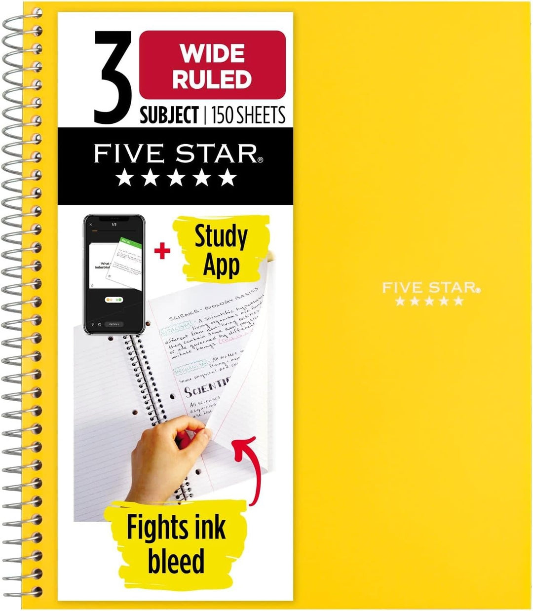NOTEBOOK - FIVE STAR 3 SUBJECT WIDE RULED YELLOW POLY COVER - 150 SHEETS