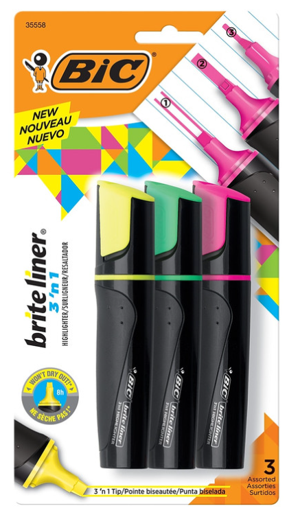 BIC HIGHLIGHTER  3-IN-1 ASSORTED COLORS - 3 PACK