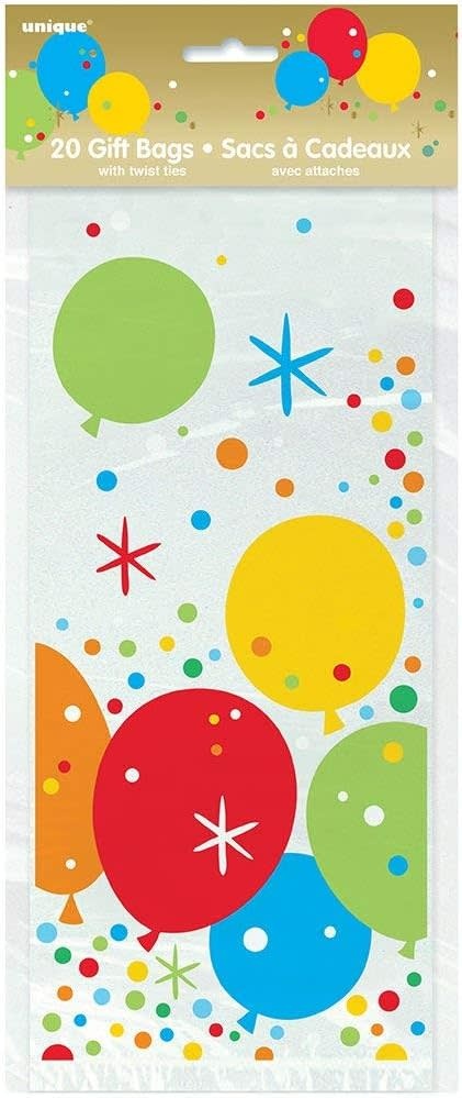 CELLOPHANE PARTY BAGS: BALLOONS WITH TWIST TIES 11"X5" - 20 PACK