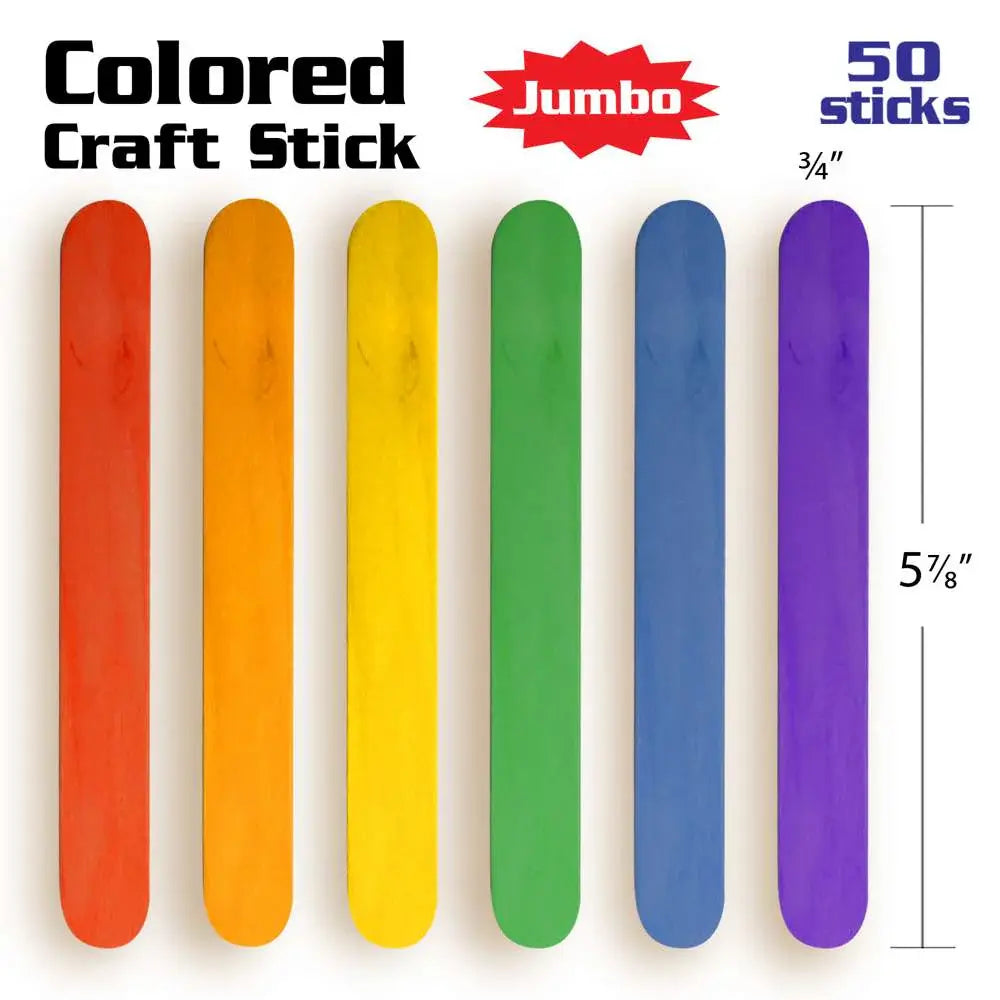 CRAFT STICKS: JUMBO  6" ASSORTED COLORS - 50 PACK