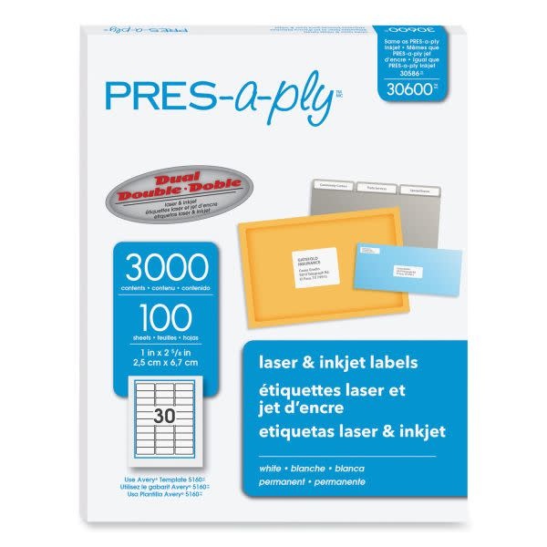 WHITE MAILING LABEL 30 PER SHEET 100 sheets