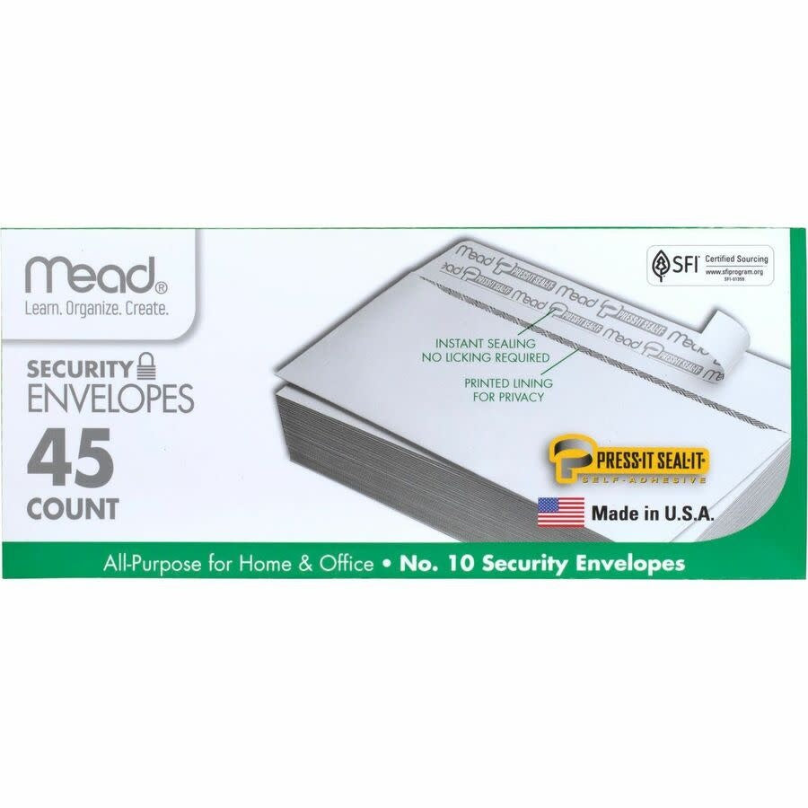 MEAD ENVELOPES: 4-1/8"x 9½" SECURITY PRESS &amp; SEAL - 45 PACK  