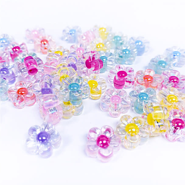 ACRYLIC FLOWER BEADS CLEAR WITH COLORED CENTER 6MM 25 GRAMS