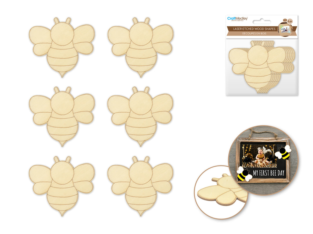 WOOD SHAPE: BEES 3" 6 PACK