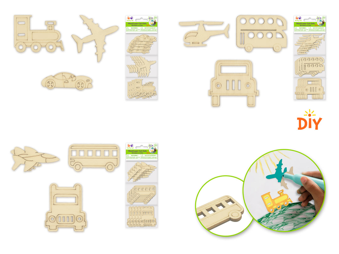 WOOD CUT OUTS TRANSPORTATION - ASSORTED STYLES 15 PACK