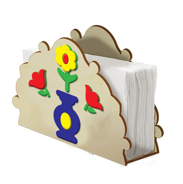 WOOD NAPKIN HOLDER WITH FLOWER KIT 6"W X 2" D X 6" H.