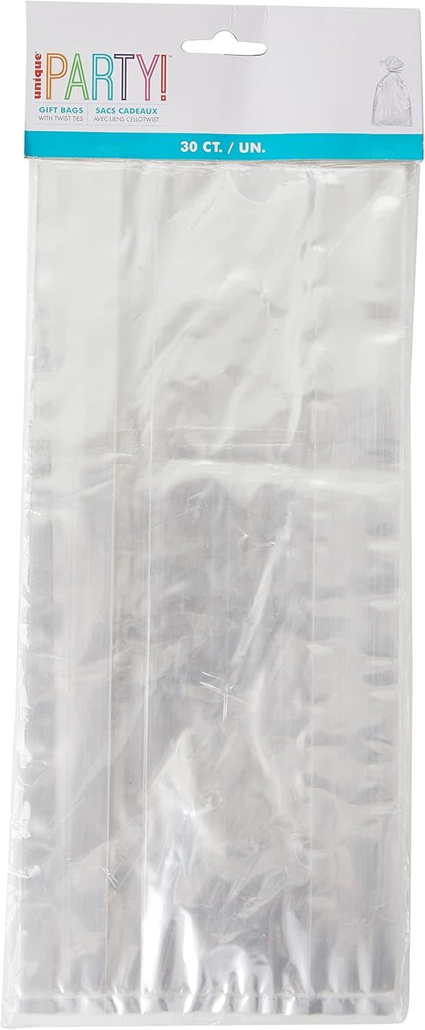 CELLOPHANE PARTY BAGS: CLEAR WITH TWIST TIES 11.5"X5" - 30 PACK