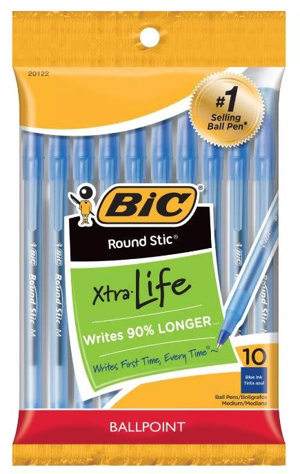 BIC PENS BLUE  ROUND STICK - 10 PACK