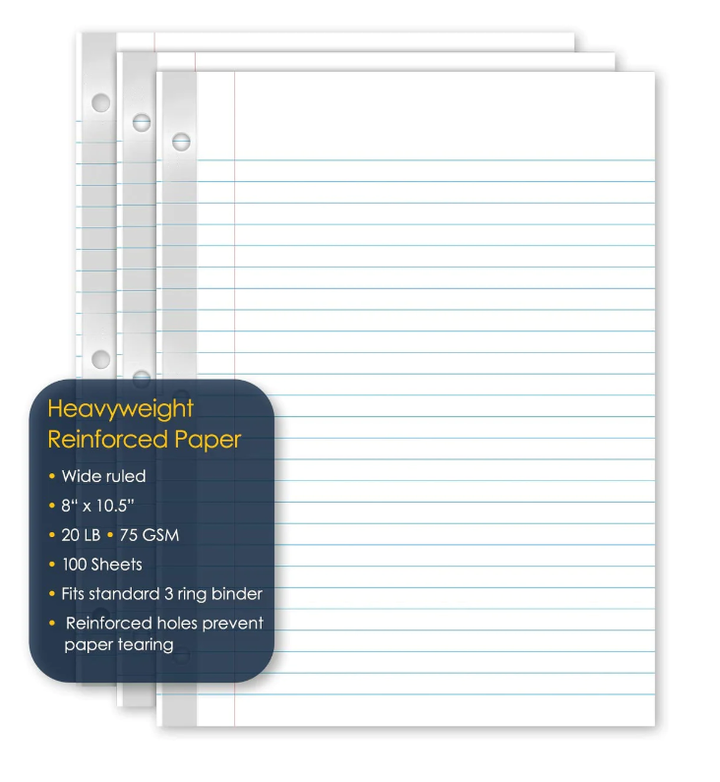 REINFORCED FILLER PAPER  Wide Ruled - 100 Pack