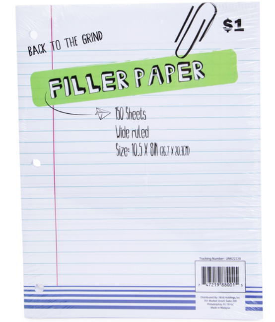 FILLER PAPER - 10.5"x8" -  Wide Ruled - 150 sheets