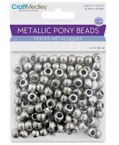 PONY BEADS: METALLIC SILVER 6mmX9mm 150 PACK