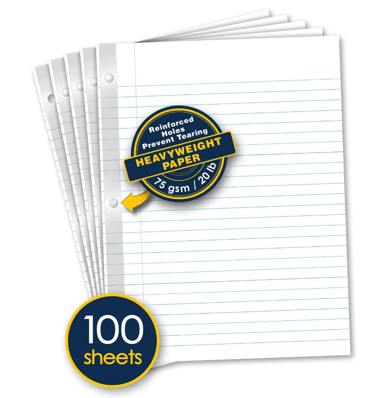 REINFORCED FILLER PAPER  Wide Ruled - 100 Pack