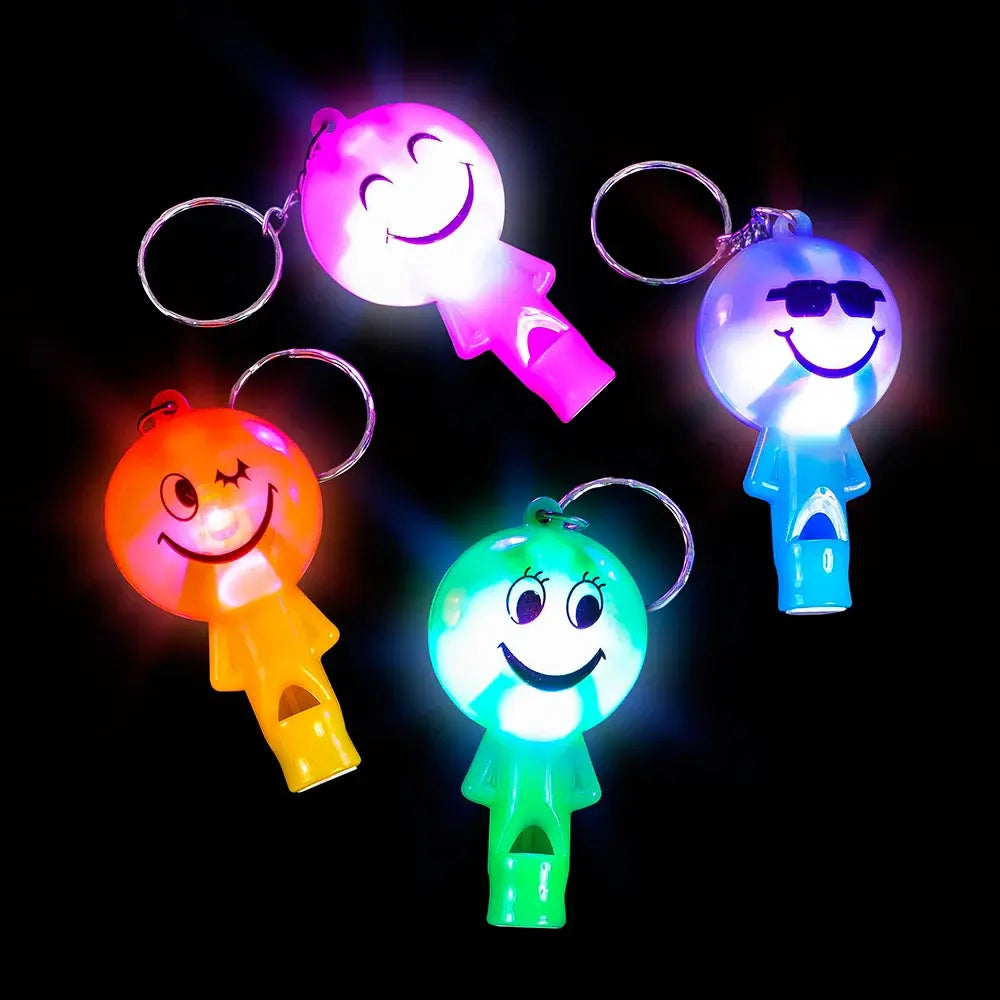 SMILE FACE LIGHT UP KEY CHAIN WHISTLE - 12 PACK