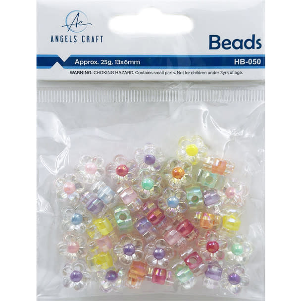 ACRYLIC FLOWER BEADS CLEAR WITH COLORED CENTER 6MM 25 GRAMS