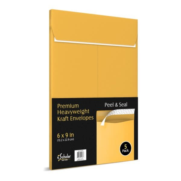 KRAFT ENVELOPES 6"x9" PEEL &amp; STICK - 5 PACK