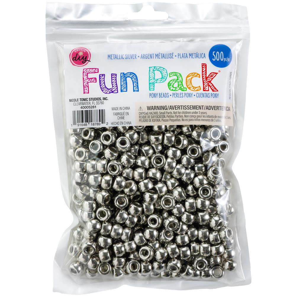 PONY BEADS: METALLIC SILVER 6mmX9mm 500 PACK