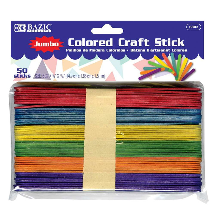CRAFT STICKS: JUMBO  6" ASSORTED COLORS - 50 PACK