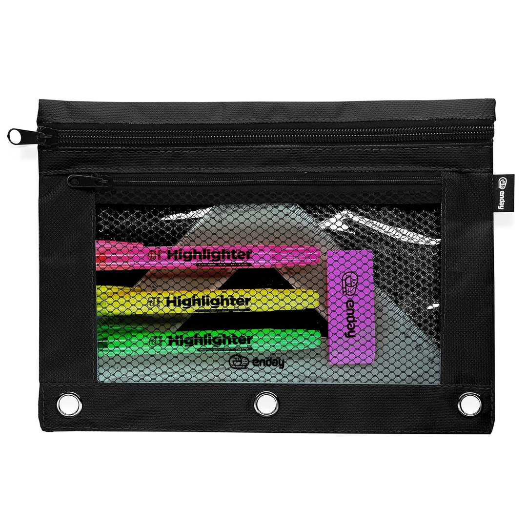PENCIL POUCH: 3 PRONG  DOUBLE ZIPPER 9.5"X7" - BLACK