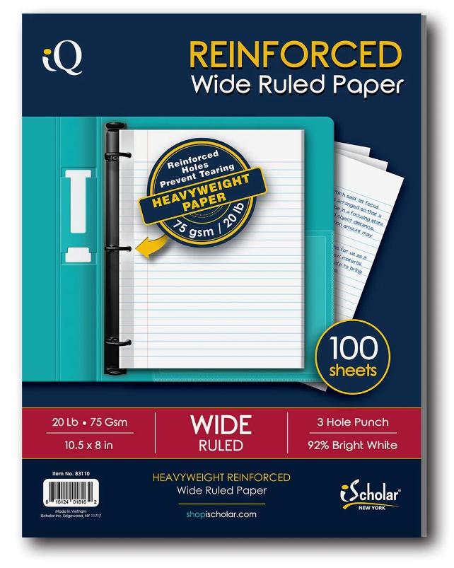REINFORCED FILLER PAPER  Wide Ruled - 100 Pack