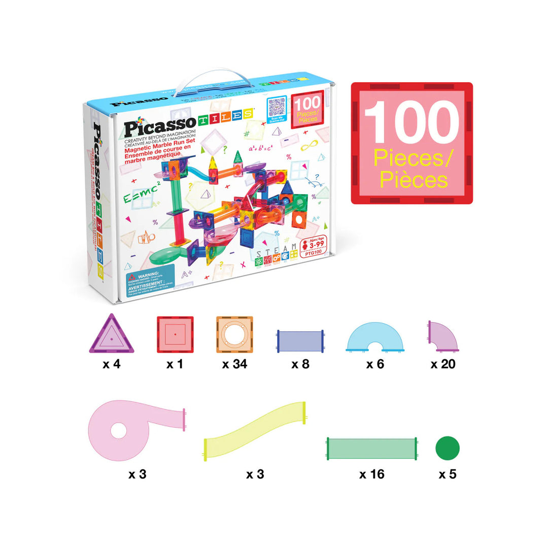 PicassoTiles Magnetic Tile Marble Run Building Set (100 Pieces)