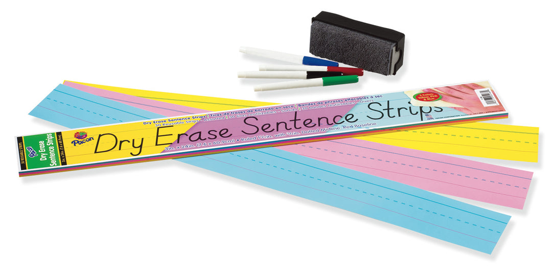 SENTENCE STRIPS - 3"x24" DRY ERASE ASSORTED COLORS  30 PACK