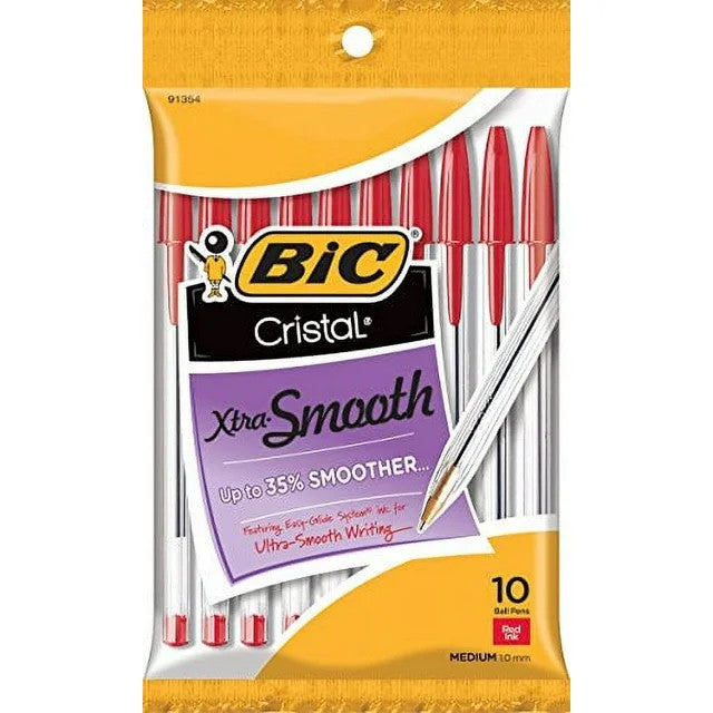 PENS - BIC CRISTAL EXTRA SMOOTH BALL POINT,  RED  - 10 PACK