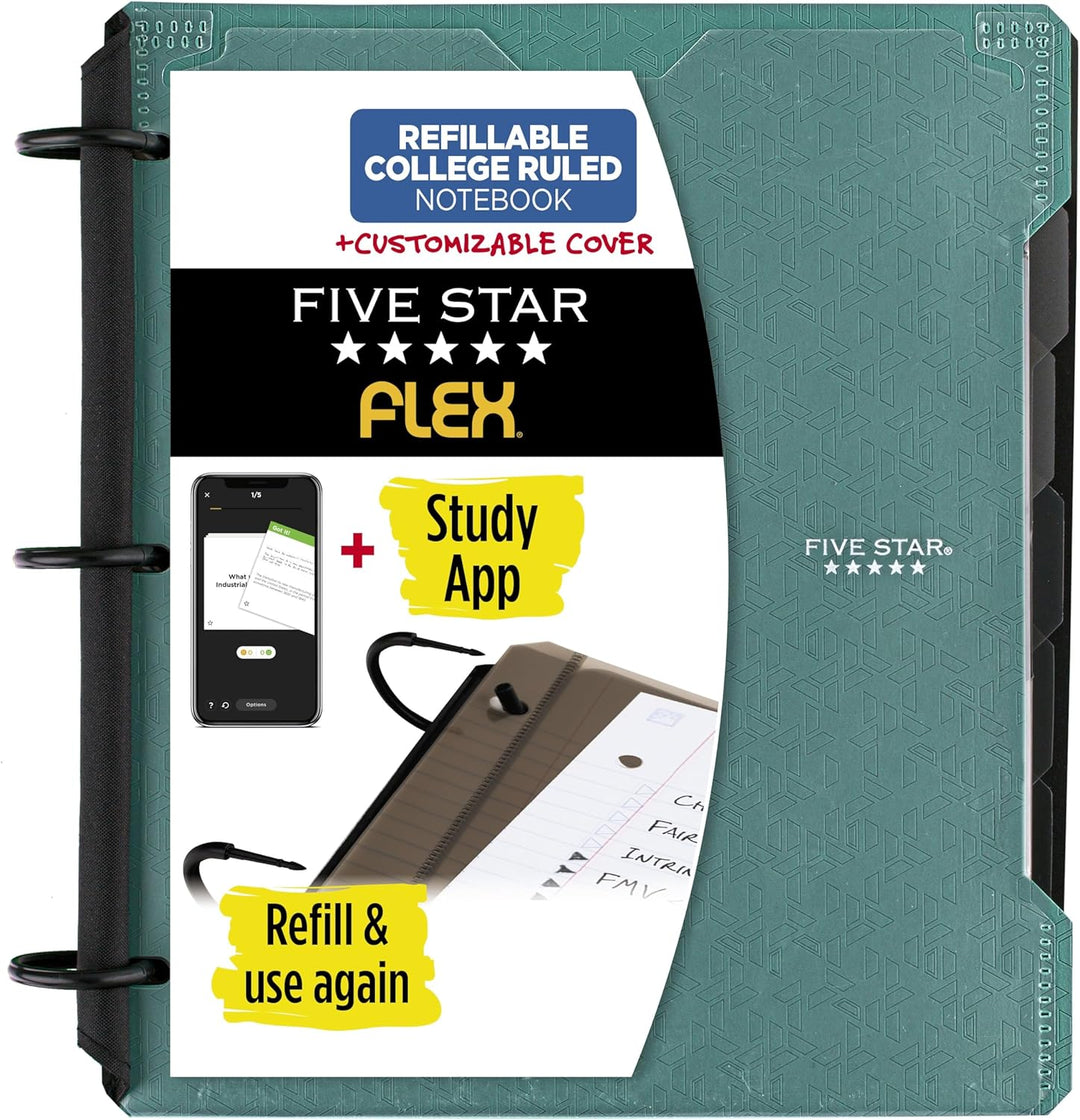 FIVE STAR 1" FLEX REFILLABLE NOTEBOOK WITH POCKETS,DIVIDERS, &amp; PAPER-  GREEN COVER