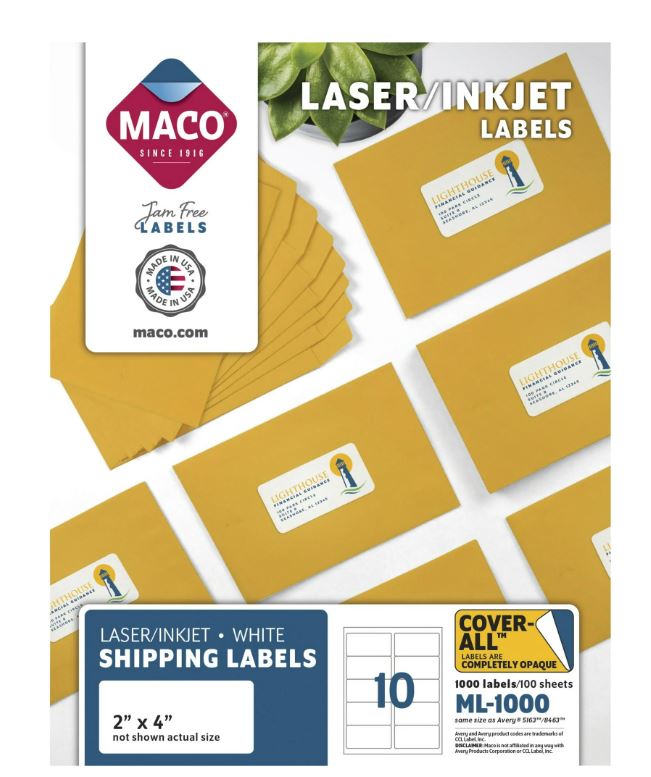 WHITE MAILING LABELS - 10 PER SHEET 2"x4" 100 sheets