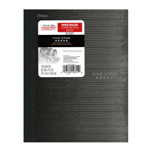 FIVE STAR COMPOSITION NOTEBOOK - 9 3/4"X7 1/2" WIDE RULED 100 SHEETS, WITH PLASTIC COVER ASSORTED COLORS