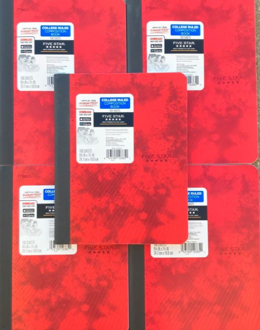 FIVE STAR COMPOSITION NOTEBOOK - 9 3/4"X7 1/4" COLLEGE RULED 100 SHEETS, POLY COVER ASSORTED DESIGNS